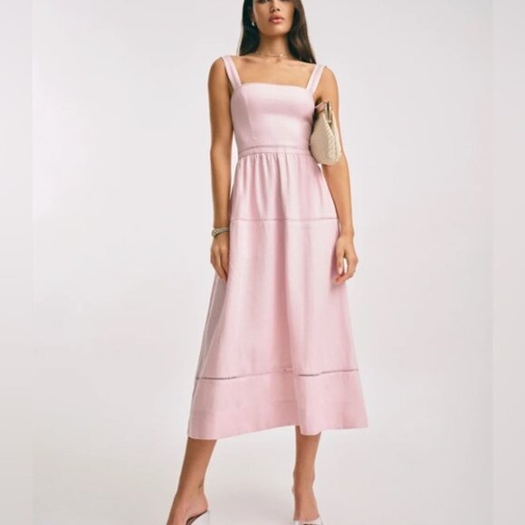 NEW Reformation Everett Linen Midi Dress Cherry Blossom Light Pink | US 6 UK 10 - Picture 14 of 15
